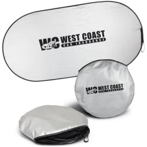 A silver car shade featuring a logo, displayed in two shapes: oval and circular, with a compact storage option.