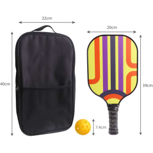 A black carrying bag, a yellow and multi-coloured pickleball paddle, and a yellow pickleball.