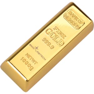 A gold-coloured flash drive designed to resemble a gold bar, featuring a logo and embossed text.