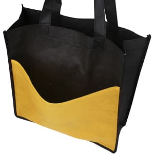 A non-woven tote bag in black with a yellow curved section and dual handles, featuring a logo.