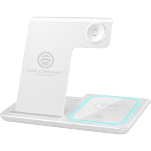 A white 3-in-1 portable wireless charger with a sleek design and a logo, featuring charging pads for various devices.
