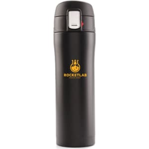 A drink bottle featuring a 450ml black stainless steel design with a flip-top lid and a logo.