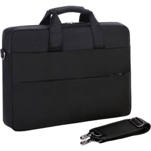 A black business laptop bag with a zippered front pocket and detachable shoulder strap. Includes a padded buffer pad.