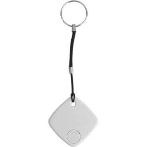 A white diamond-shaped smart tag with a black strap and a silver keyring.