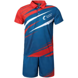 A blue and red polo shirt with a pattern, featuring short sleeves and a collar, along with matching shorts and a logo.