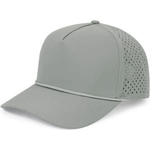 A grey performance cap with a mesh back and a decorative rope detail at the front. It features a logo.