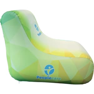 An inflatable lounge chair in green and yellow hues, featuring a logo. Ideal for leisure and outdoor use.