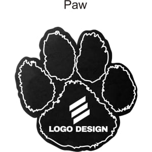 A black paw print design with a logo in the centre. The print features a white outline for definition.