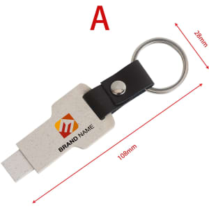 An eco-friendly mini flash drive keychain in a cream colour with a black keyring. It features a logo.