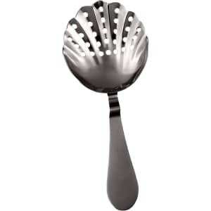 A stainless steel bar strainer with a shell-shaped bowl and a long handle, featuring multiple perforations.