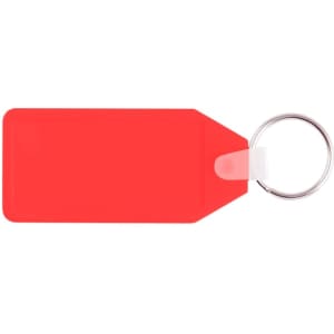 A red long hexagon hard plastic keyring with a metal ring and a clear attachment.