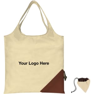A cream reusable shopping bag with a brown corner, featuring a logo and a small pouch for storage.