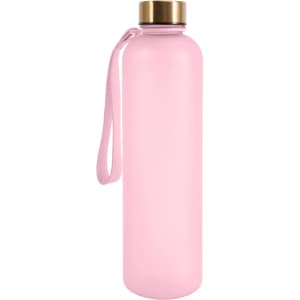 A drink bottle in pink with a gold lid and a carrying strap. It features a logo on the front.