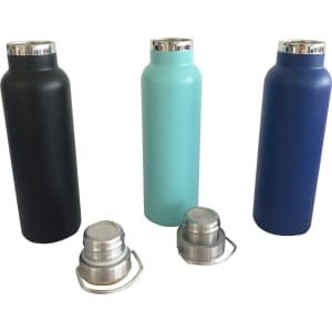 A drink bottle in black, teal, and navy blue with stainless steel lids and two additional metal lids.