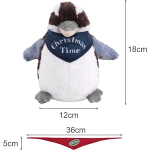 A Kookaburra plush toy featuring grey and white fur, with a blue bandana and a logo at the base.