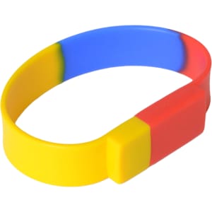 A colourful wristband flash drive in yellow, blue, and red, featuring a rectangular connector and a logo.