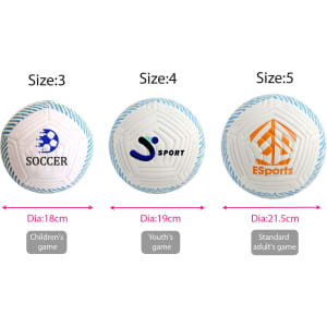 Three soccer balls are displayed, in sizes 3, 4, and 5. The balls are white with blue accents and feature various logos.