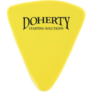 A yellow triangular stress reliever designed to resemble a cheese shape, featuring a logo.