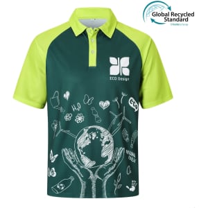 A green and bright lime unisex polo shirt with a logo and eco-themed graphics.