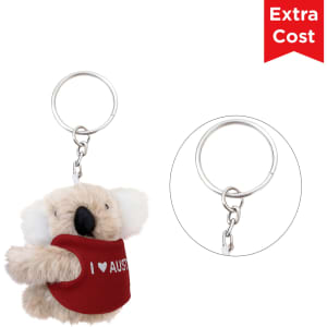 A fluffy koala plush toy with a keyring attachment, wearing a red vest that says "I ❤️ AUS".