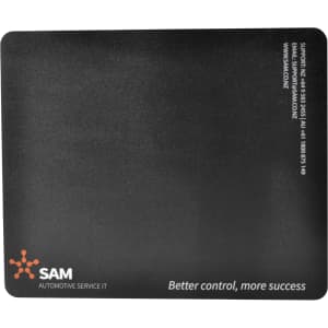 A black mouse mat featuring a logo and text, designed for office use, with a sleek, professional finish.