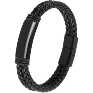 A double-row braided leather bracelet in black, featuring a sleek metal clasp and a polished surface.
