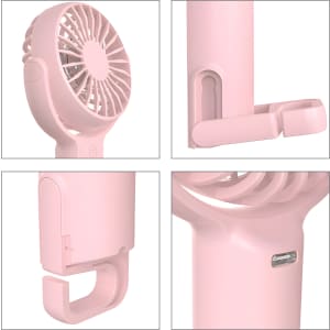 A pink handheld fan with a 180° adjustable angle, featuring a logo and a hook for easy holding.