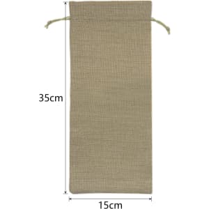 A natural-coloured drawstring bag, measuring 35cm by 15cm, featuring a simple design and a logo.