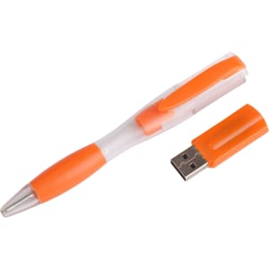 An orange ballpoint pen with a removable flash drive, featuring a transparent casing. The pen has a metal tip.