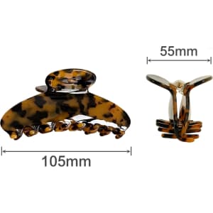 Acetate hair clips in a tortoiseshell design, measuring 105mm and 55mm. Features a logo on the clip.