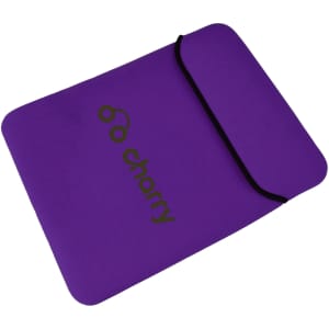 A purple tablet PC bag features a simple design with a black trim and a logo. It is slim and rectangular in shape.