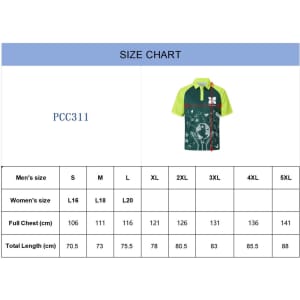 A size chart displaying measurements for a green and blue unisex polo shirt, with a logo.