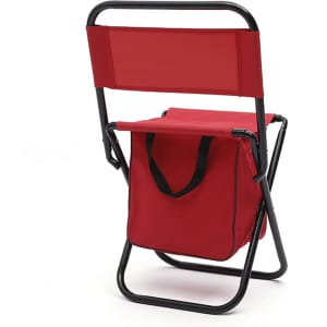 A red foldable camping chair with a black frame and a storage bag attached underneath.