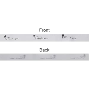A screen-printed cotton ribbon in white featuring "Thank you" in black, displayed with front and back views.