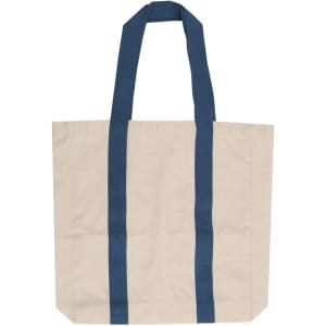 A cream canvas tote bag with navy blue handles and a branding logo.