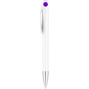 A creamy white barrel pen with a purple accent and silver tip. The pen features a logo on its surface.
