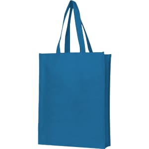 A blue non-woven bag with a large gusset and two handles, featuring a logo on one side.