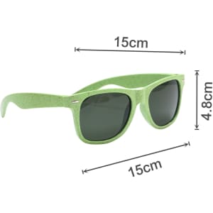 Green Wheat Straw Sunglasses with dark lenses, measuring 15cm in width and 4.8cm in height. Features a logo.