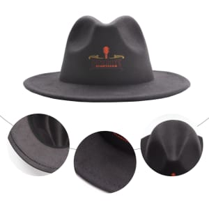 A black felt wide brim fedora hat with a decorative logo on the front and close-up views of its details.