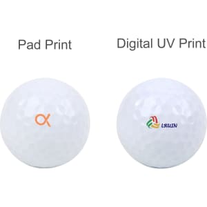 A set of six white golf balls featuring different printing styles, including pad print and digital UV print.