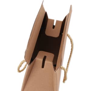 A drink bottle box in brown cardboard with a rope handle and an open top for two bottles.