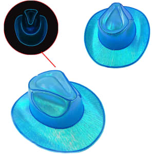 A blue light-up cowboy hat with a shiny finish and a distinctive shape, featuring an illuminated effect.