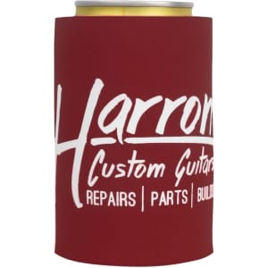 A drink bottle holder in maroon featuring white branding, designed to fit standard beverage cans.
