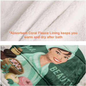 A plush, green wearable blanket featuring a design with a smiling character, made from 100% polyester with absorbent lining.