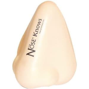 A large, beige nose-shaped stress reliever with a logo on one side. It's designed as a fun stress keyring.