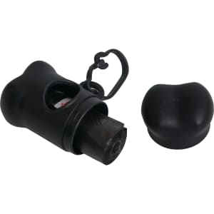 A black bone-shaped pet waste bag dispenser with a removable cap, featuring a clip for attachment.