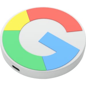 A round, white wireless charger featuring a multicoloured logo with red, yellow, green, and blue segments.