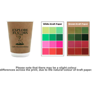 A double wall kraft paper cup in brown with a white rim and a printed design, accompanied by colour swatches of kraft paper.
