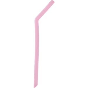 A pink reusable silicone straw with a flexible design, suitable for various drinks. The straw has a logo.
