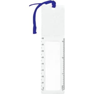 A clear magnifying bookmark ruler with a blue ribbon, featuring measurement markings on one side.